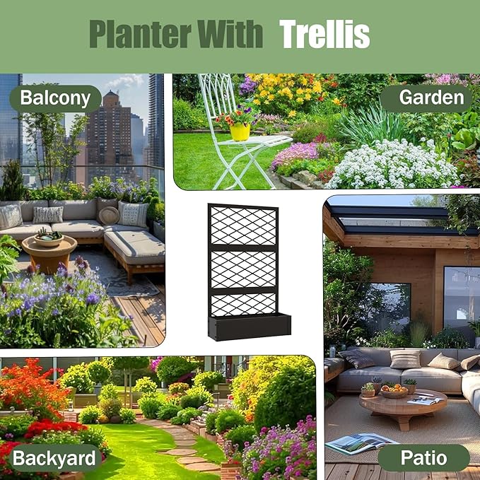 aboxoo 59 inch Planter Raised Garden Bed with Trellis Outdoor Metal Large Planter Box Elevated Garden Bed for Vegetables Flower Herb Patio(Black)