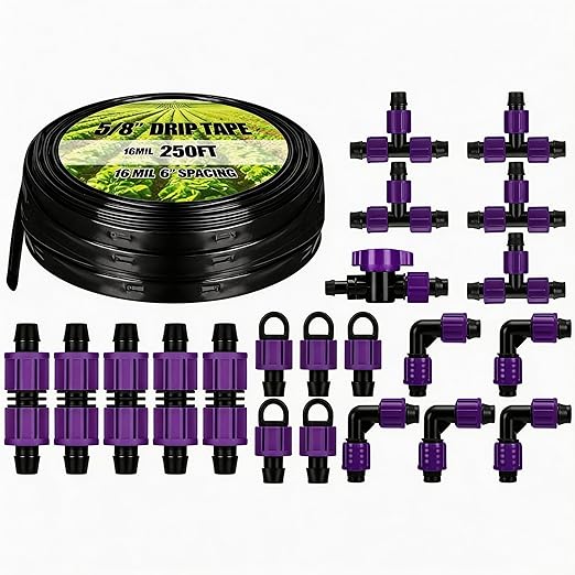 Tondiamo 250' 5/8 Inch Drip Tape Irrigation Tubing Kit 16 Mil 6 Spacing Garden Hose Watering Tube Line Automatic Equipment for Garden Irrigation System Farms Landscape Lawn