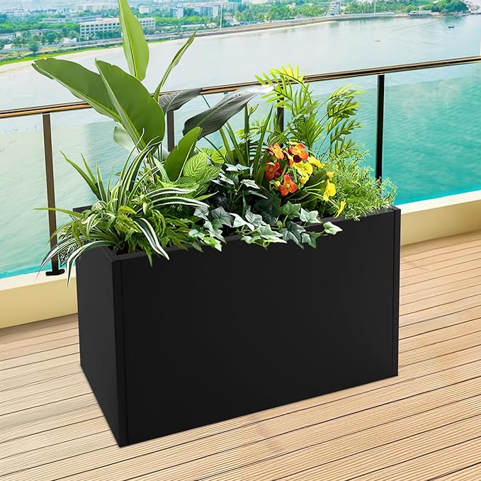 Metal Planter Box Outdoor Raised Garden Bed Steel Planter Box with Detachable Insert Shelf Metal Garden Box with Drainage Hole for Patio Deck Backyard Garden (Black)