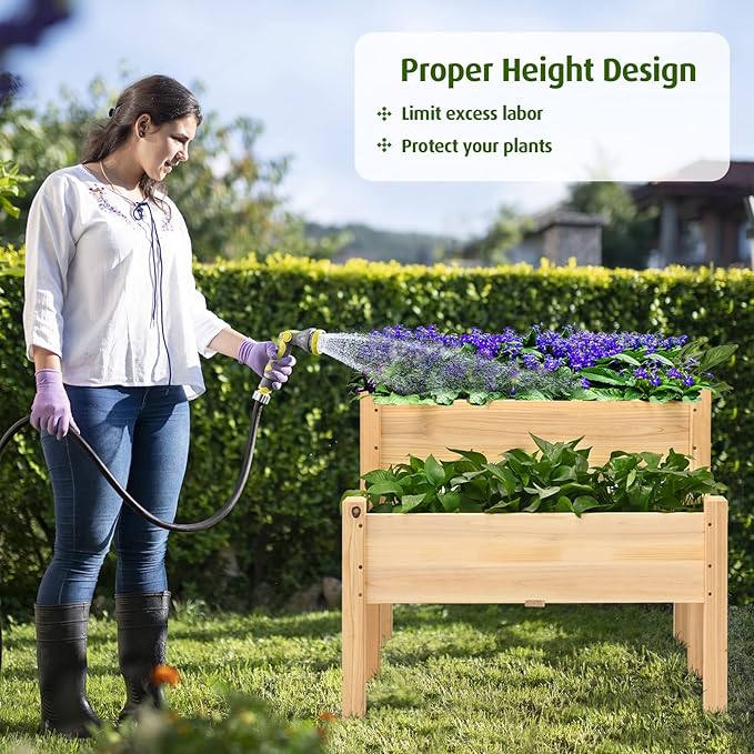 RELAX4LIFE 2-Tier Raised Garden Bed - Fir Wood Garden Elevated Planter Box with Legs 8 Drainage Holes220 Capacity for Growing Vegetable Elevated Garden Bed for Outdoor Yard Patio Balcony (Natural)
