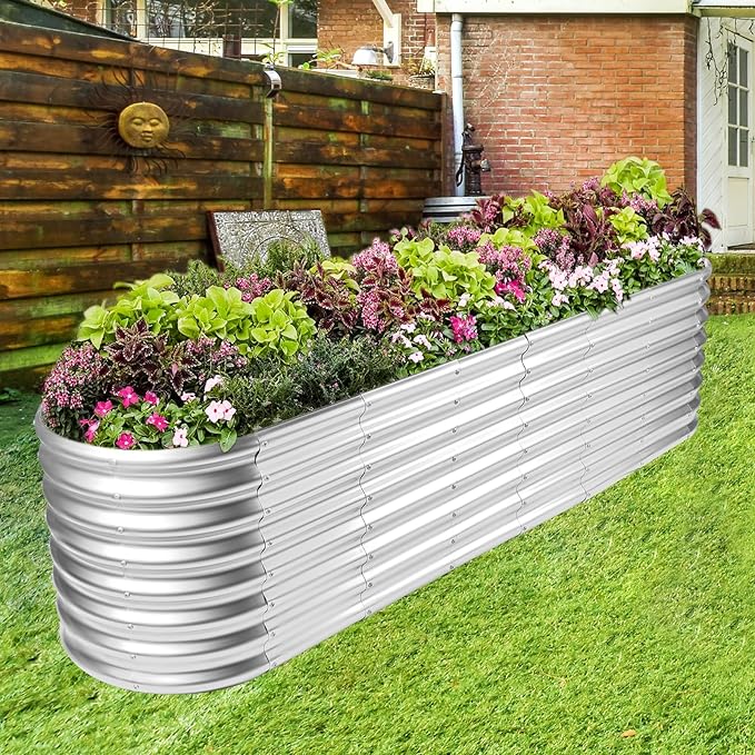 Land Guard 8×2×2ft Galvanized Raised Garden Bed Kit Raised Garden Boxes Outdoor Oval Metal Raised Garden Beds for Vegetables Silver