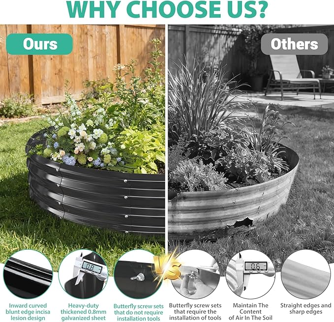 6FT Diameter Galvanized Garden Raised Bed/Plant Box/Fire Pit Ring-0.8mm Thick12 Inch TallCrimped Edge and CornerNo SharpePerfect for Plantings (Black 72 Dia X 12 inches)