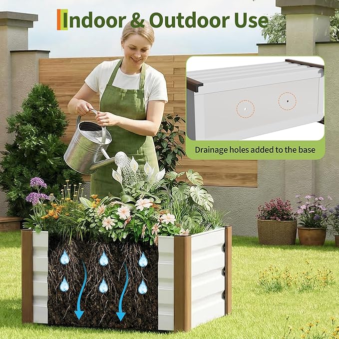 Garvee Aluminum Planter Box 24x16x18 Modern Raised Garden Bed with Rounded Corners &amp Anti-Cut Edging Deep Design with Drainage Holes for Outdoor Patio &amp Balcony White