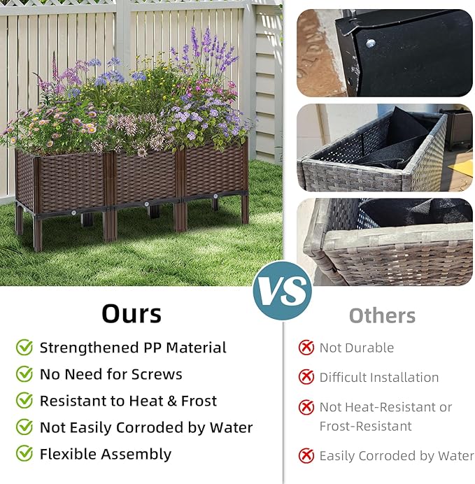 Rattan Raised Garden Bed with Legs-Rectangular Elevated Deep Planters for Outdoor Plants Self Watering Planter Box 47L x 16W x 20H Rectangular Deep Garden Bed for Vegetables Flowers Herbs