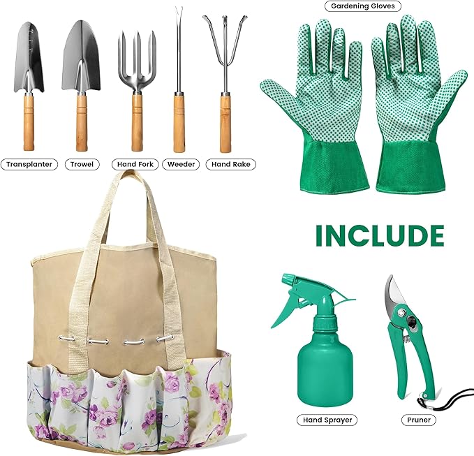 9-Piece Garden Tool Set for Women SK-5 Carbon Steel with Wooden Handle &amp Flower Tote Bag Includes Pruner Trowel Transplanter Weeder Cultivator Rake - Gardening Gifts for Mom