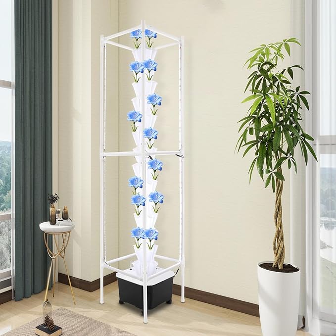 Hydroponic Growing System Kit - 70 Pods Large Vertical Hydroponics Tower with 8 LED Light Strips 14-Tiers Smart Indoor Herb Garden for Kitchen Office Winter Balcony Planting (White)