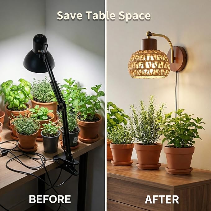 Hanging Grow Lights for Indoor Plants Auto Cycle Timer 18W Full Spectrum Wall Mounted Grow Light Boho Rattan Lantern Shade Adjustable Head 16 FT Power Cord for Indoor Plant Growing Flowers