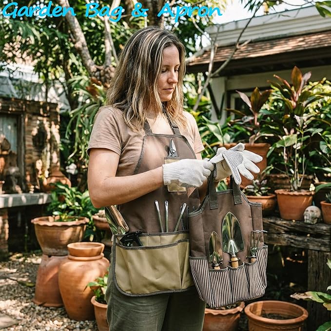 Garden Tool Set Beswill 12 Pieces Heavy Duty Gardening Hand Tools with Garden Tools Organizer Handbag Apron Rust-Proof Stainless Steel Gardening Kit Wood Handle Ideal Garden Gifts for Women Men