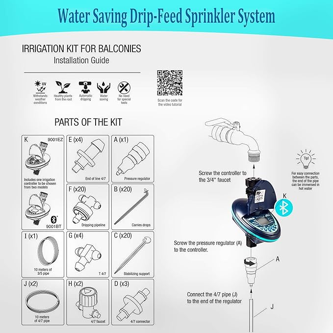 Galcon Balcony kit 9001BT Bluetooth Irrigation for Containers and Hanging Flowers Baskets Automatic Plant Watering System for Patio Balconies Hydroponics &amp Roof Plants Water Saving Drip-Feed