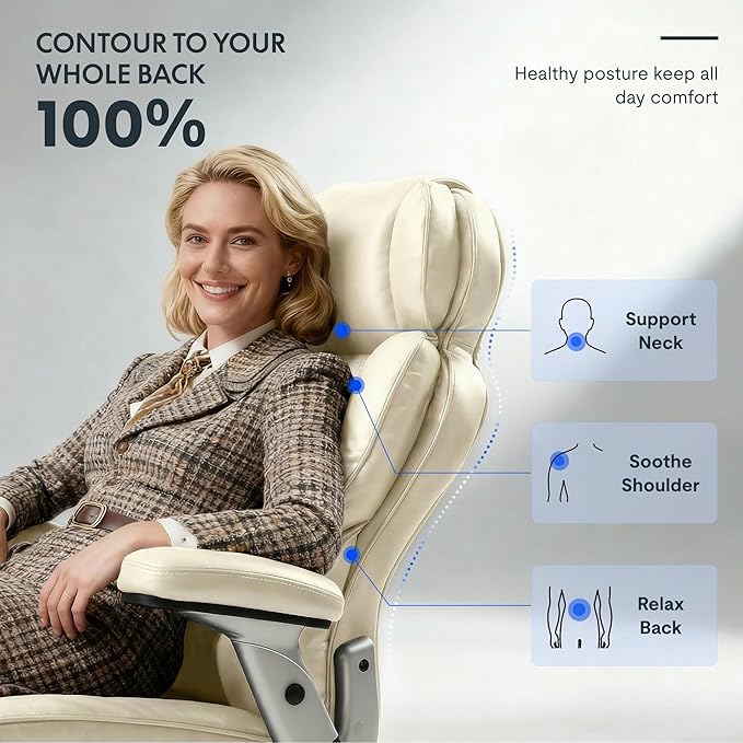 FLEXISPOT 600lbs Big and Tall Office Chair for Heavy People Heavy Duty Computer Desk Chair with Dynamic Lumbar Support 2D Armrest Blade Wheels Chairs for Home Office Gaming Working Leather Beige