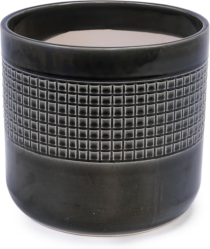 Handmade Black Glazed Ceramic Planter Set of 3 9 7 6 Diameter Grid Pattern for Succulents Cacti IndoorOutdoor Shelf Table Use Porous Clay with Drainage Holes