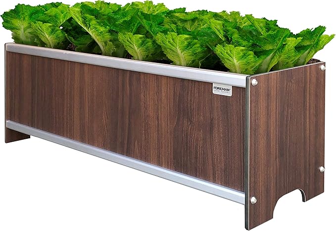 Foreman Raised Garden Bed 10 Year Warranty 36”Lx12”Wx14”H Premium Plastic Wood Grain Aluminum Frame Elevated Planter Box for Backyard Patio Balcony Tosca