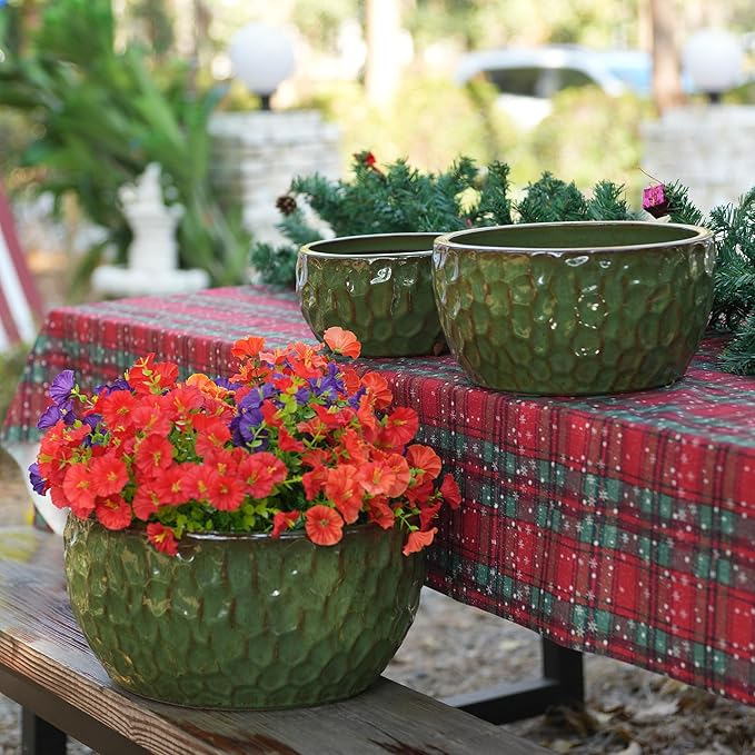 Handmade Glazed Ceramic Planter Set of 3 151210 Inch Diameter Hammered Pattern for Ficus Outdoor G Indoor Staircase Use Breathable Clay with Drainage Holes Solid Green