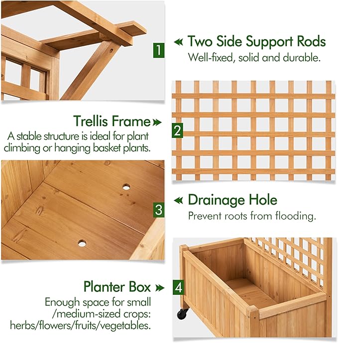 Yaheetech 72 H Garden Planter with Trellis for Vine Climbing Horticultural Plants Yard Box Outdoor w/Drainage Holes Garden Planter Bed for Flowers Herbs Light Brown
