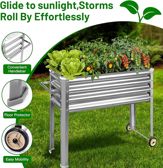 Land Guard 2 Pack Galvanized Raised Garden Bed with Legs &amp Wheels 48×18×32in Metal Elevated Raised Planter Box for Backyard Patio Balcony 500lb Capacity Silver