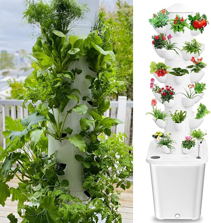 Hydroponic Growing Tower with 10L Tank 6 Layers 30 Plants Indoor Hydroponics Growing System Soilless Cultivation Herbs Fruits Vegetables Vertical Planter Tower Kit Black US Plug