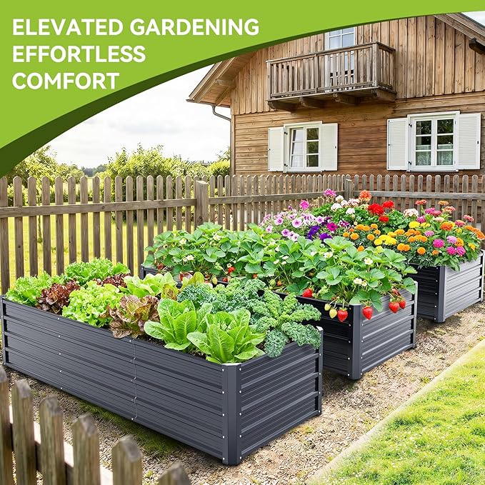 Ohuhu 8x3x1.5FT Metal Raised Garden Bed Outdoor Reinforced Galvanized Steel Rustproof Planter Box 100% Non-Toxic 269 Gal Large Capacity Heavy Duty Raised Beds for Vegetables Flowers Herbs 2-Pack