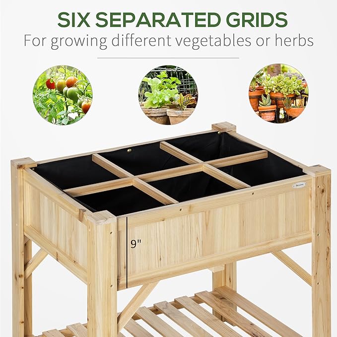 Outsunny Raised Garden Bed Wood 6 Grid 31 x 23 with Storage Shelf Water Draining Planter Box for Vegetables Flowers Herbs Patio