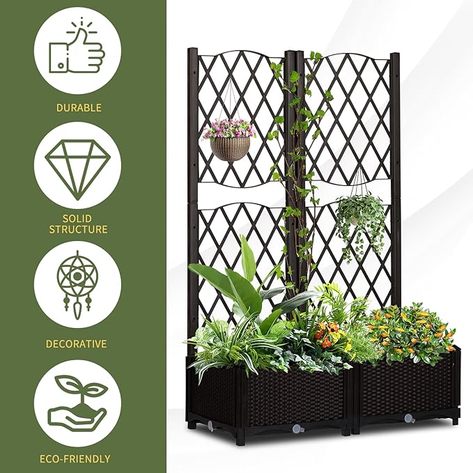 Wicker Trellis Planter Planter Trellis Outdoor Raised Garden Bed with Drainage Holes Free-Standing Trellis Planter Box for Vine Climbing Plants and Flowers in Garden Patio Balcony Brown