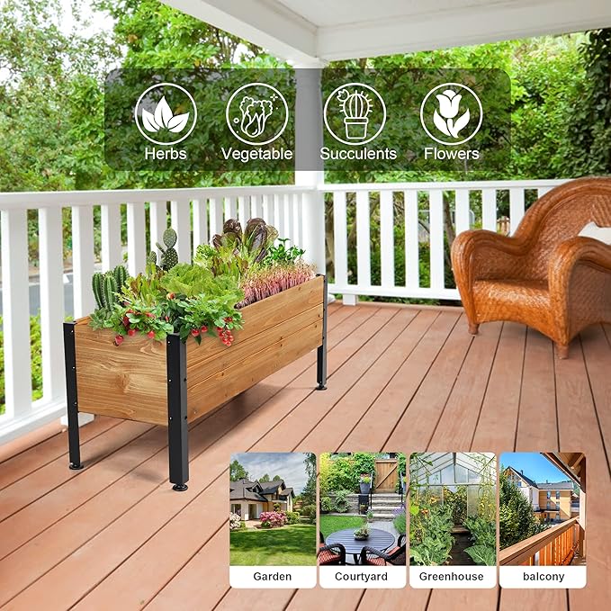 Wooden Rectangular Flower Box with Short Iron Legs Planting Bed for Flowers and Vegetables Suitable for Garden and Balcony. Dimensions: 27.56 * 13.9 * 12.5 inches