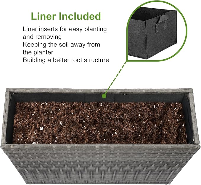 LEWIS&ampWAYNE Tall Planters for Outdoor Plants Handmade Wicker Large Rectangular Block Planter Box with Removable Liners Modern Planter for Indoor Outdoor Patio Deck - Gray