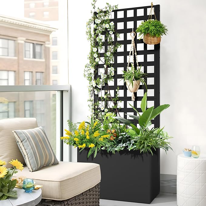 FENCY Metal Planter Box with Trellis Planter Trellis for Climbing Plants Vegetable Vines Trellis with Planter Box &amp Privacy Screen Raised Garden Bed with Drainage Holes (23.6 L x 63 H/Lattice