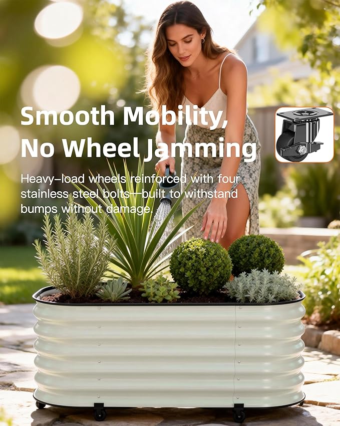 DaisyVibe Mobile Outdoor Planter Box with Wheels 20.9 Inch Tall Heavy-Duty 1000 lbs Capacity Anti-Rust Steel Construction Rolling Garden Bed for Vegetables Herbs Patio Balcony (Lvory)
