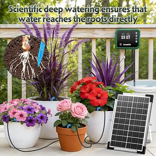 8W Solar Drip Irrigation System for Gardens DIY Automatic Drip Kit Supports Watering 30 Pots Includes 35m Drip Hose and 30 Emitters Suitable for Gardens/Greenhouses/Outdoor Irrigation Timer