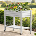 DWVO Raised Garden Bed Kit 3.6 x 1.5 x 2.8 FT Outdoor Plastic Planter Box with Wheels and Legs Garden Box with Drain Plug &amp Storage Shelf for Planting Vegetables Flowers and Herbs Grayish-Whi