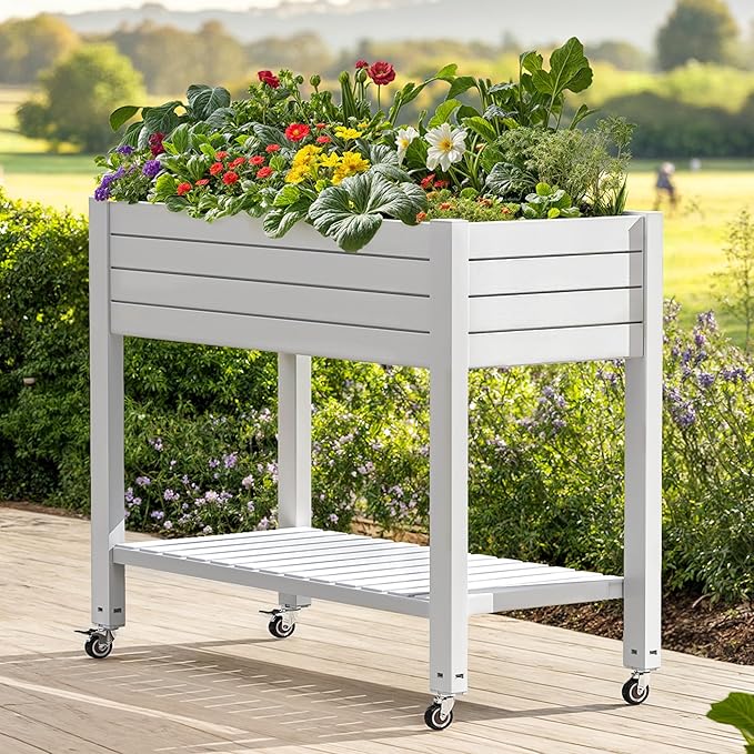 DWVO Raised Garden Bed Kit 3.6 x 1.5 x 2.8 FT Outdoor Plastic Planter Box with Wheels and Legs Garden Box with Drain Plug &amp Storage Shelf for Planting Vegetables Flowers and Herbs Grayish-Whi
