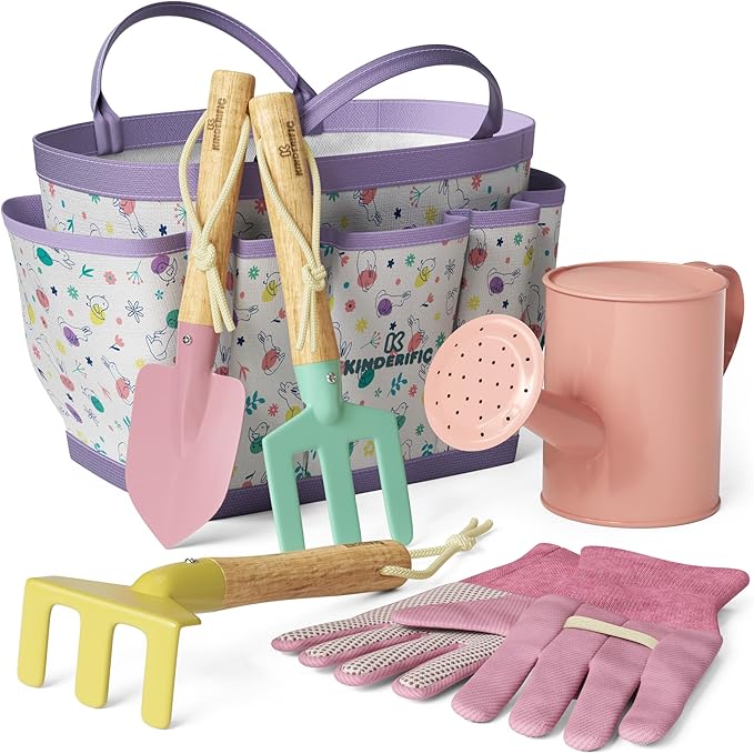Gardening Set Tool Kit for Kids STEM Includes Tote Bag Spade Watering Can Rake Fork Trowel and Gloves Egg Hunt