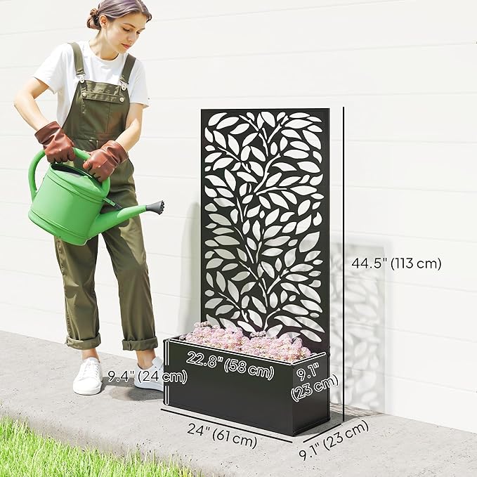 Outsunny Metal Raised Garden Bed with Trellis for Climbing Plants Freestanding or Wall Mounted Flower Bed with Privacy Panel Leaves Cut-Outs Outdoor Planter Box for Garden Patio Balcony