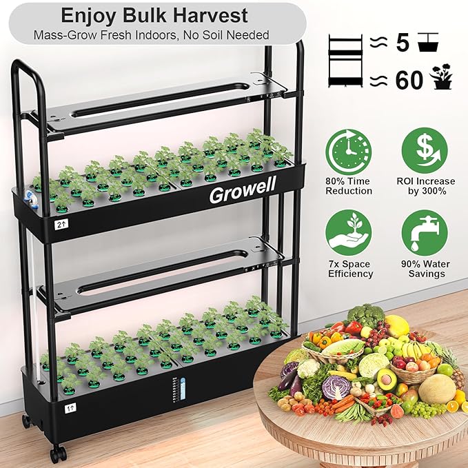 Large Hydroponics Growing System Kit 60 Pods Vertical Hydroponic Garden with 2 Light Modes Grow Light Auto Circulating Water System 32L Indoor Gardening System for Herb Vegetable Fruit