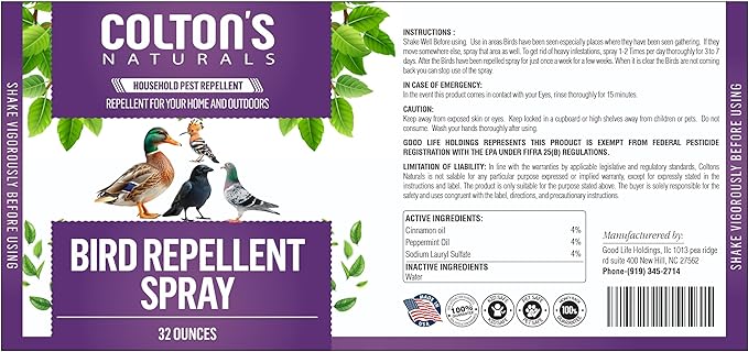Bird Repellent Spray (32 OZ) Deter Birds from Outdoor Surfaces Garden Areas Deterrent Natural Woodpecker Pigeon and More Natural