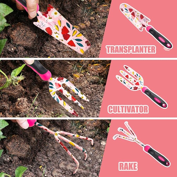 Monika 20-Piece Gardening Tool Set for Women Heavy Duty Rust-Proof Stainless Steel with Pink Floral Carry Bag Includes Trowel Transplanter Cultivator Pruner Ideal Gift for Garden Lovers