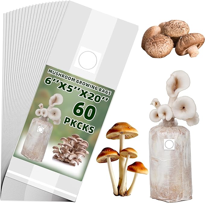 TonGass 60-Pack Autoclavable Mushroom Grow Bags Bulk with Microporous Filter Patchs - Large 6x5x20 Extra Thick 80 Micron (=3 Mil)| Mushroom Cultivation Spawn Supply Myco Bag Bulk Substrate Bags