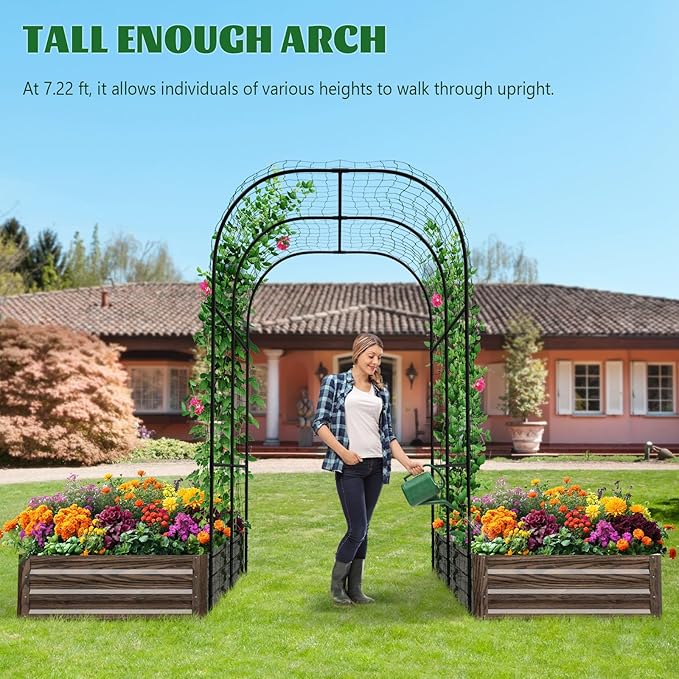 3 in 1 Galvanized Raised Garden Bed with 87 H Arch Trellis for Climbing Plants Outdoor Gardening Planter Box with Climbing Net for Flower Vegetables Fruits Herbs Wood Grain