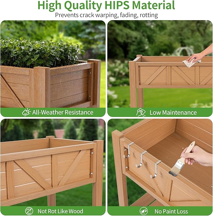 HIPS Elevated Raised Garden Bed with Legs72L x 17.3W x 28.7H Large Outdoor Planter Box with Storage RackAll-Weather Raised Bed Planters with 6 Hooks &amp 2 Non-Woven Liner for Vegetables Flower