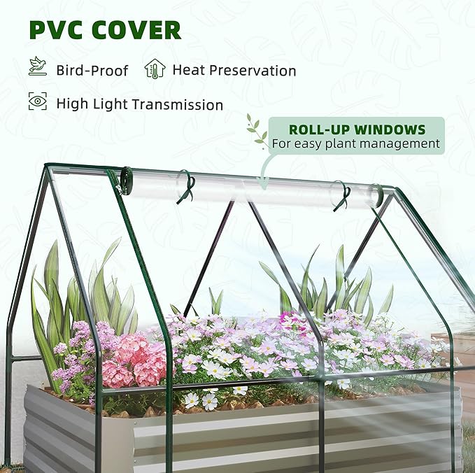 Outsunny 4 x 3 x 3ft Raised Garden Bed with Mini Greenhouse Galvanized Raised Garden Bed with Cover for Herbs and Vegetables Small Greenhouse for Patio Garden Balcony Clear and Gray
