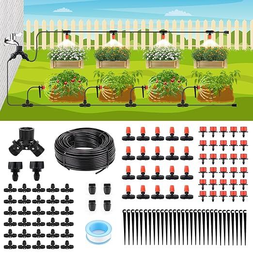 Locked - Connect Drip Irrigation Kit 98ft Garden Drip Irrigation System Automatic Micro Watering System with 4/7 inch Tubing Hose with Misting Nozzle Emitters for Garden Bed Patio Greenhouse