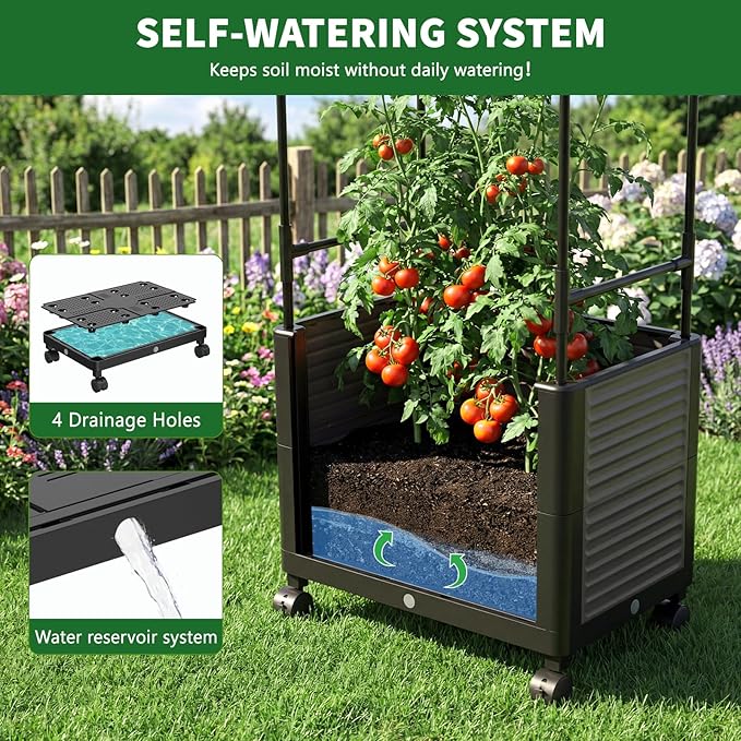 Raised Garden Bed Planter Box with Trellis 61''H Tomato Planters for Climbing Plants Vegetable Vine Flowers Outdoor Patio Tomato Cage Self Watering Planter with Wheels