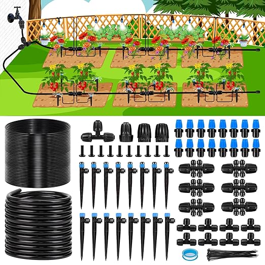230FT New Quick-Connect Drip Irrigation System Kit Automatic Garden Watering Misting System for Greenhouse Yard Lawn Plant with 1/2 inch Hose 1/4 inch Distribution Tubing and Accessories