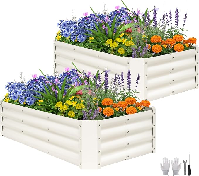 ZORMY 2 Pcs 4x2x1ft Galvanized Raised Garden Bed Outdoor Metal Planter Boxes with Easy Assembly Planter Raised Beds for Gardening Flower Plants Vegetable Herb - White