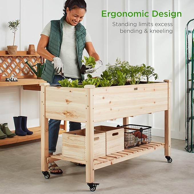 Best Choice Products Raised Garden Bed 48x24x32-inch Mobile Elevated Wood Planter w/Lockable Wheels Storage Shelf Protective Liner - Natural