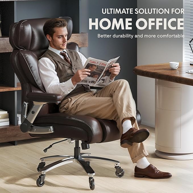 FLEXISPOT 600lbs Big and Tall Office Chair for Heavy People Heavy Duty Computer Desk Chair with Dynamic Lumbar Support 2D Armrest Blade Wheels Chairs for Home Office Gaming Working Leather Brown