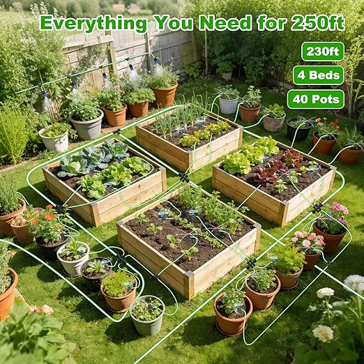 236FT Drip Irrigation System Kit New Quick-Connect Automatic Garden Watering Misting System for Greenhouse Yard Lawn Plant with 5/16 inch Hose 1/4 inch Distribution Tubing and Accessories