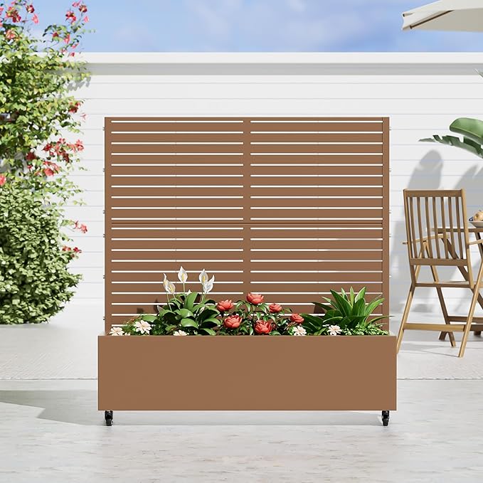 47x47x16 Metal Raised Garden Bed with Trellis Trellis with Planter Box for Backyard Patio Balcony Climbing Plants Brown Classic Shutter