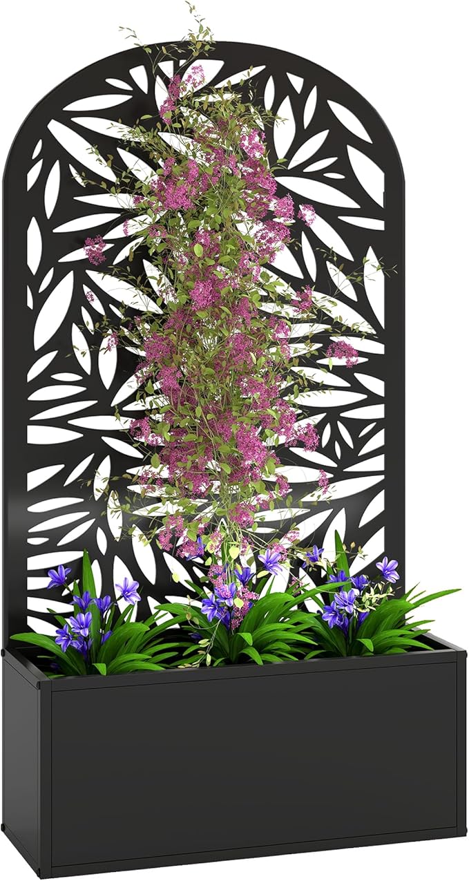 Outsunny Metal Raised Garden Bed with Trellis for Climbing Plants Freestanding or Wall Mounted Flower Bed with Cueved Privacy Panel Leaves Cut-Out Outdoor Planter Box for Garden Patio Balcony
