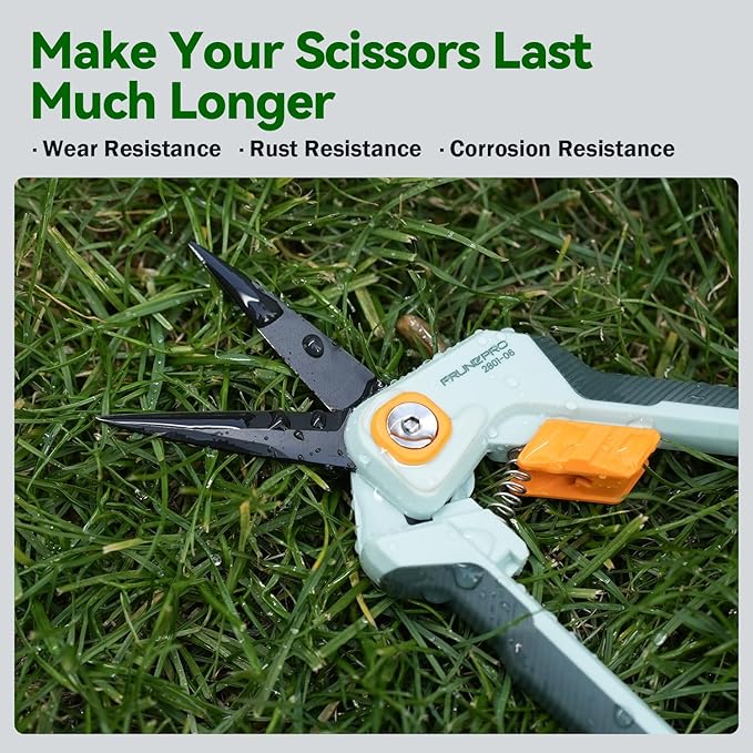 PrunePro Garden Scissors Pruning Shears Sharp Stainless Steel Non-Stick Teflon Coating Blade for Precise Cuts Garden Snip Bonsai Clippers for Plants Rose Flower Green &amp Orange