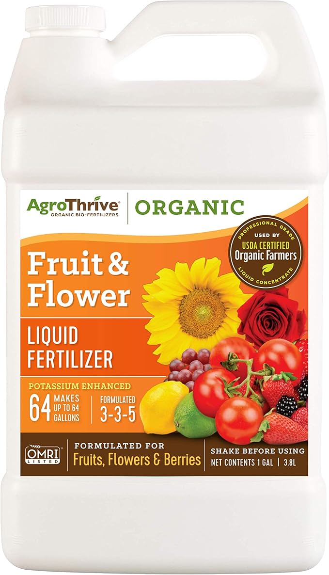 AgroThrive Fruit and Flower Organic Liquid Fertilizer - 3-3-5 NPK (ATFF1128) (1 Gal) for Fruits Flowers Vegetables Greenhouses and Herbs